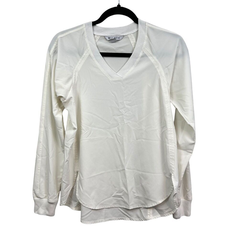 Athleta Womens Zephyr Top V Neck Stretch Quick Dry Long Sleeve Off White Sz XXS*